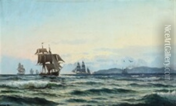 Ships On The Sound, Presumably By Kullen Oil Painting - Carl Ludvig Thilson Locher