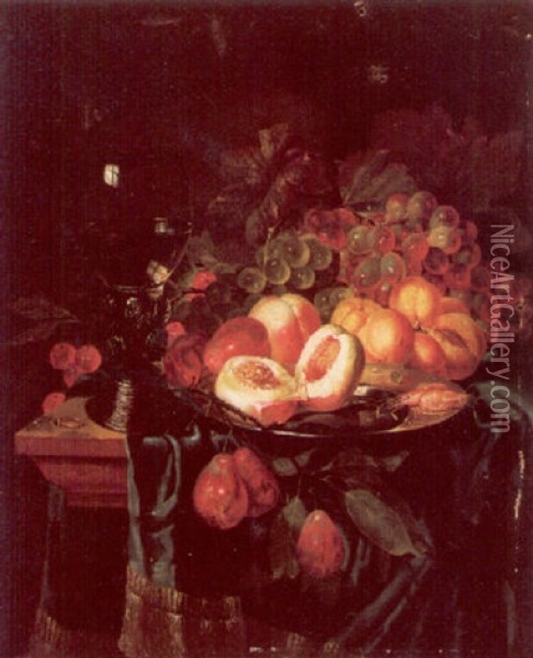 Still Life Of Peaches And Shrimps On A Pewter Plate, With Other Fruit, A Roemer And A Ring, On A Draped Plinth Oil Painting - Jan Davidsz De Heem