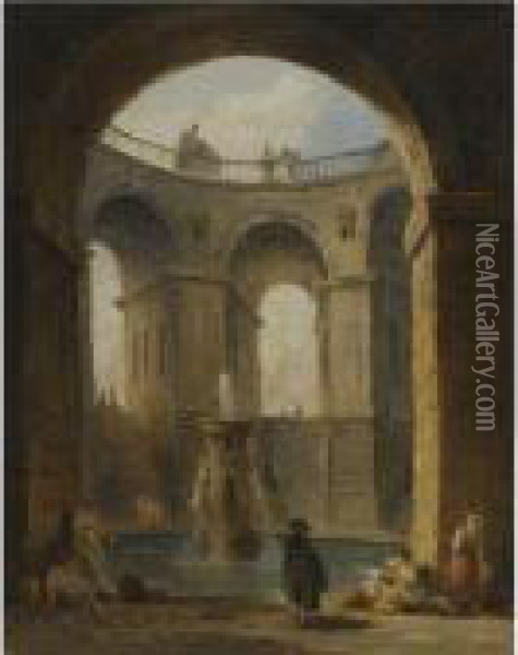 An Architectural Capriccio With Figures Gathered Around A Fountain Oil Painting - Hubert Robert