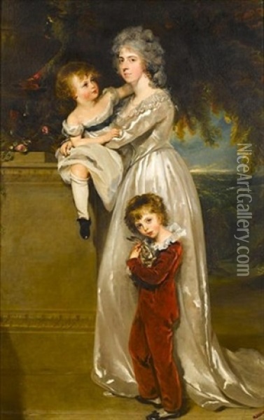 Portrait Of Mrs Arthur Annesley, In A White Satin Dress With Two Of Her Children, One In A Red Skeleton Suit Holding A Rabbit, The Other Seated On A Stone Plinth Oil Painting - Thomas Lawrence
