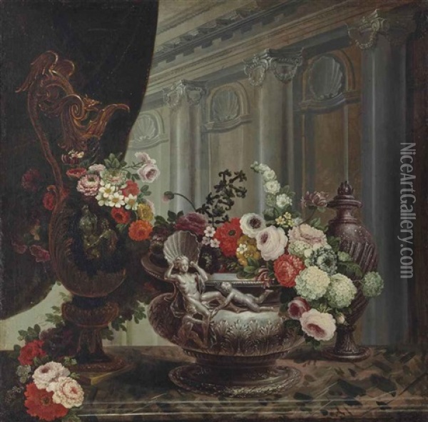 Vase, Aiguiere Et Pot Orne De Fleurs Oil Painting - Pierre Nicolas Huilliot