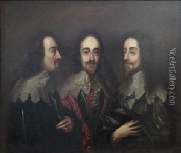 Triple Shoulder Length Portrait Of Charles I Oil Painting - Sir Anthony Van Dyck