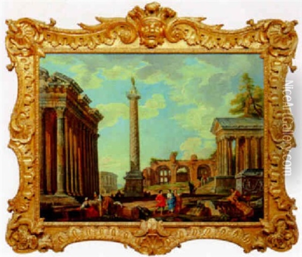 Idealvedute Mit Der Saeule Des Trajan Oil Painting - Giovanni Paolo Panini