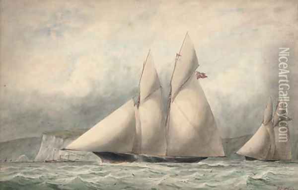 Cambria and Sappho in close quarters off the Isle of Wight Oil Painting - William Edward Atkins