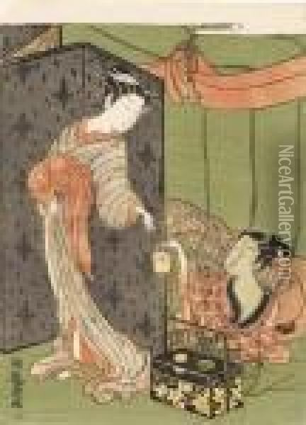 A Young Man Lying Under A 
Mosquito Net Hands A Charcoal-holder To A Girl Standing Behind A Folding
 Screen, Signed Oil Painting - Isoda Koryusai