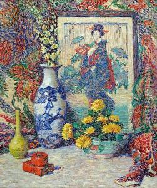 Still Life Of Vases, Crysanthamums, And Ajapanese Print Oil Painting - Lillian Burk Meeser