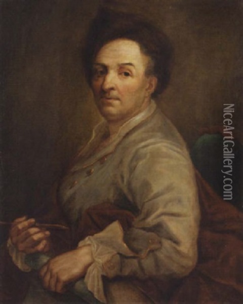 Portrait Of An Artist In A Grey Coat And A Fur Hat (self-portrait?) Oil Painting - Anton Raphael Mengs