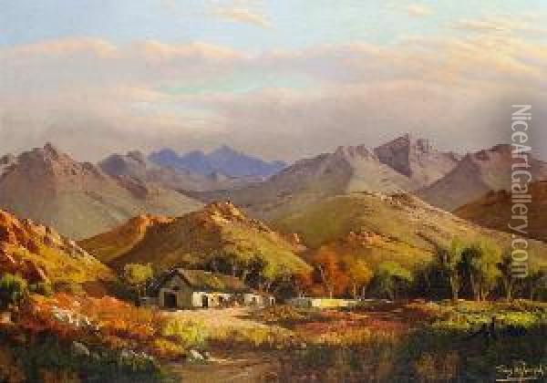 A Farmstead In A Mountain Landscape Oil Painting - Tinus De Jong
