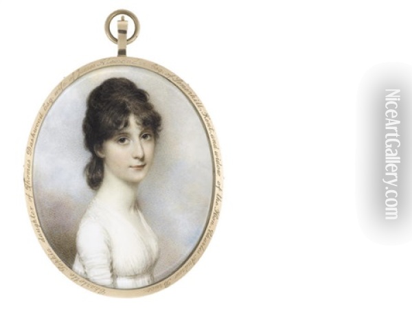Miss Charlotte Sophia Dashwood (d.1870), Wearing White Dress, Her Brown Hair Upswept Oil Painting - William Wood