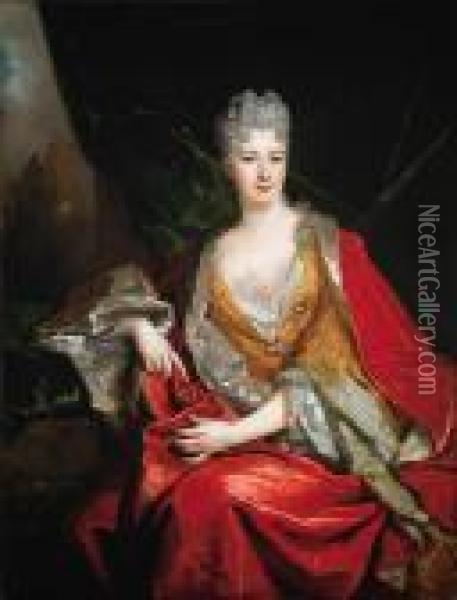 Portrait Of Mademoiselle De 
Saulx-tavannes, Marquise De Larochethulon, Seated Three-quarter Length Oil Painting - Nicolas de Largillierre