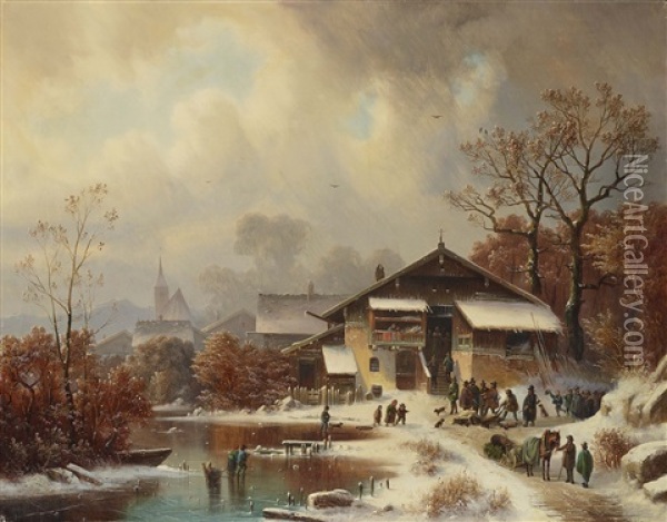 Winter Landscape With Returning Hunters Oil Painting - Anton Doll