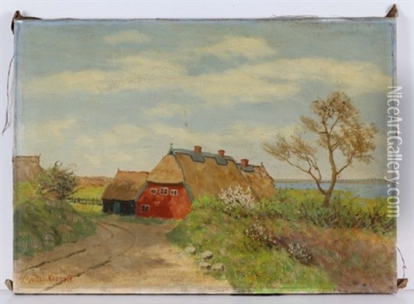 Reetgedecktes Haus In Sommerlicher Wiesenlandschaft Mit Blick Auf Einen Flusarm Oil Painting - Paul Mueller-Kaempff