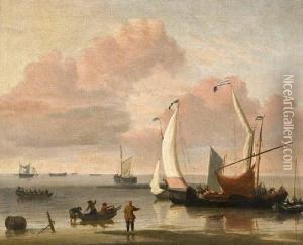 Bateaux Sur Un Rivage Oil Painting - Jan Van De Capelle
