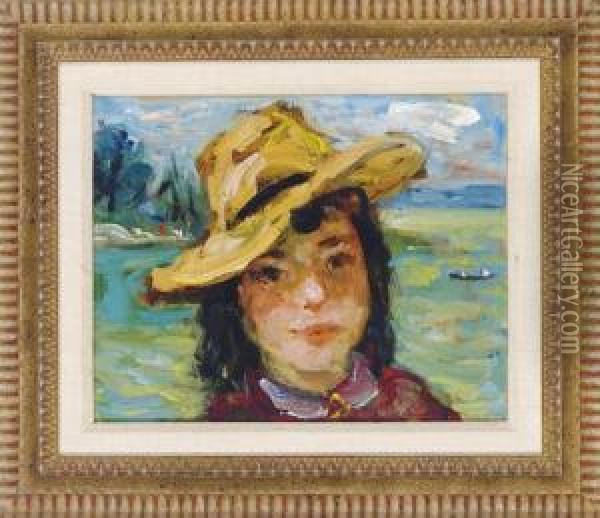 Girl With A Straw Hat Oil Painting - Robert Phillips