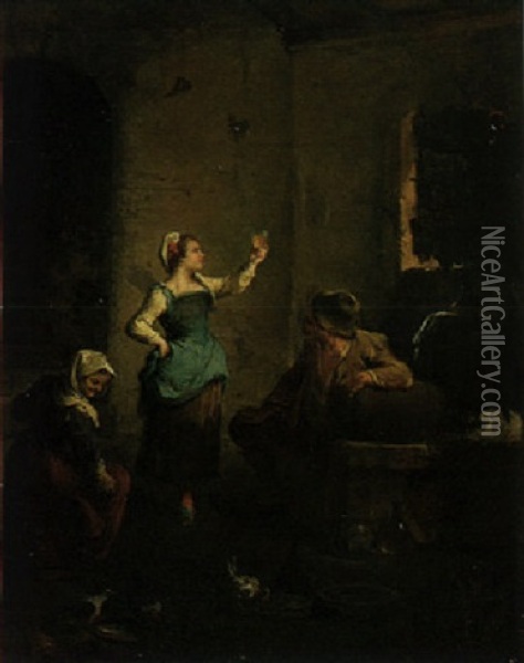 Peasants In An Interior With A Girl Holding Up A Glass Oil Painting - Paolo Monaldi