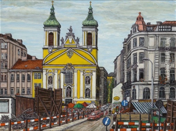 Rochuskirche Mit U-bahn Baustelle Oil Painting - Franz Josef Hirsch