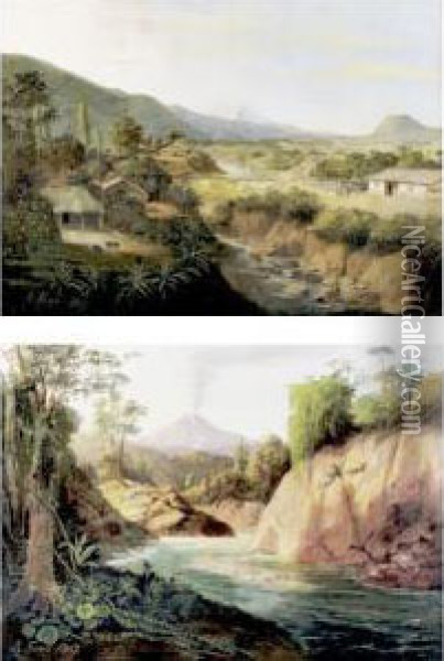 A Pair Of Paintings: View Of Volcano And Errupting Volcano, Ecuador Oil Painting - Rafael Troya