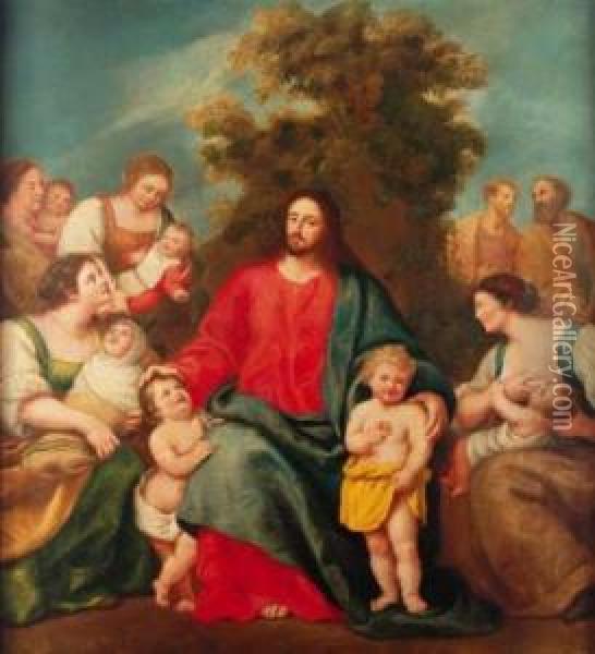 Jesus Con Los Ninos Oil Painting - Pedro Nunez Del Valle