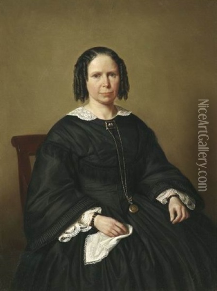 Portrat Der Gattin In Schwarzem Kleid Mit Goldener Uhr An Einer Kette Oil Painting - Philip Lodewijk Jacob Frederik Sadee