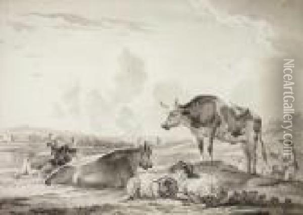 Landschaft Mit Hirten Und Vieh Oil Painting - Jacob Van Stry