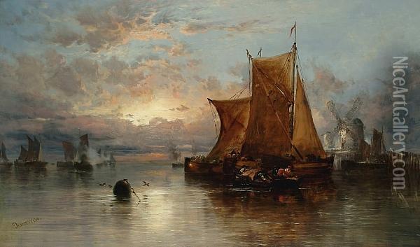 A Dutch Harbour Sunset With Figures And Fishing Boats Oil Painting - James Webb