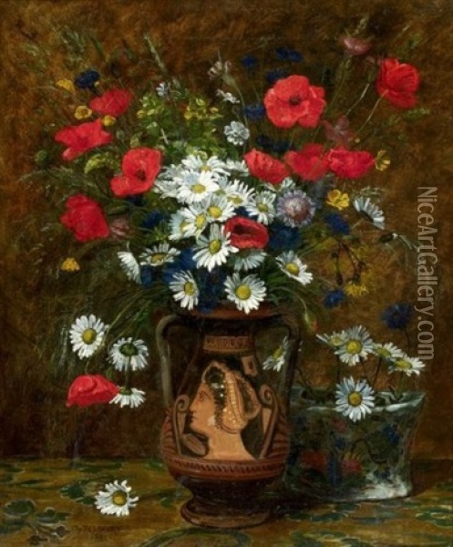 Bouquet De Coquelicots, Marguerites Et Autres Fleurs Dans Un Vase Grec Oil Painting - Charles-Paul Desavary