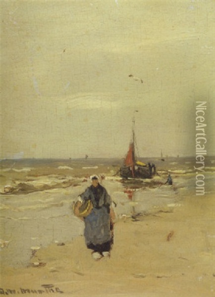 A Fisherwoman On The Beach Of Katwijk Oil Painting - Gerhard Arij Ludwig Morgenstjerne Munthe