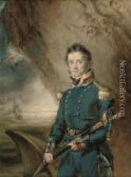 Portrait Of A Royal Naval Officer Standing, Three-quarter-length,sword In His Hand Oil Painting - John Hoppner