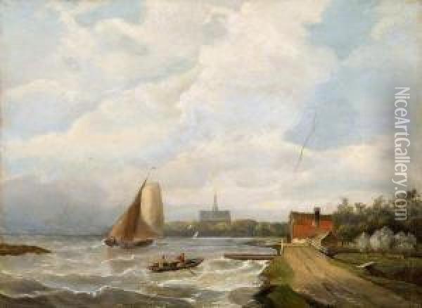 Harbour Scene With Stormy Sea Oil Painting - Johannes Hermanus Koekkoek