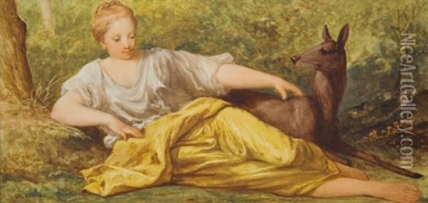 Romantic Forest Scene, Reclining Girl (artemis?) With Deer Oil Painting - Charles-Borromee-Antoine Houry