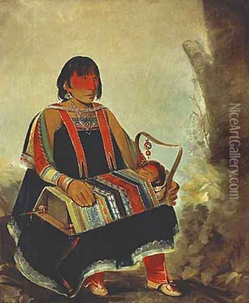Jú-ah-kís-gaw, Woman with Her Child in a Cradle Oil Painting - George Catlin