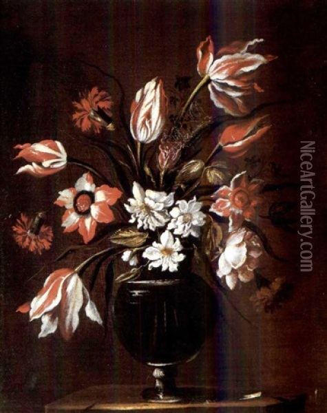 Mixed Flowers In A Glass Vase Oil Painting - Bartolome Perez