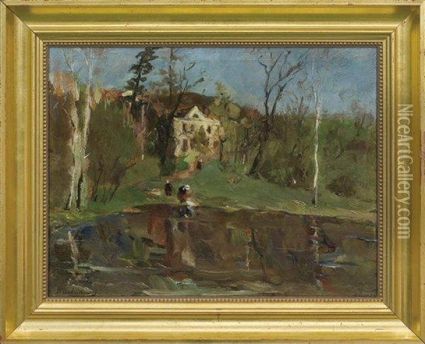 Court Near Lake Oil Painting - Wincenty Wodzinowski