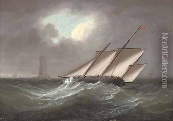 An armed lugger heeling in the breeze off the Eddystone lighthouse Oil Painting - Thomas Buttersworth