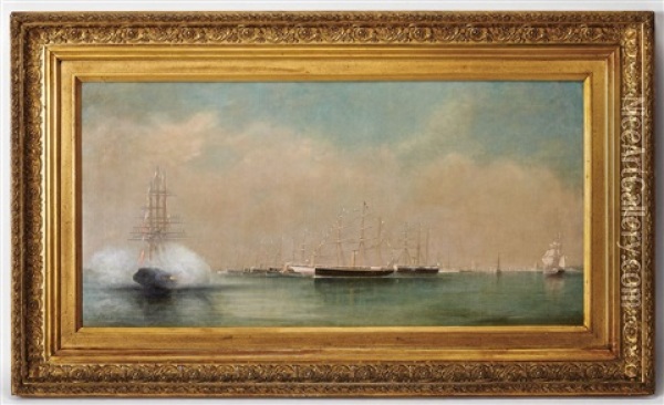Chegada Ao Tejo Da Armada Italiana Com A Rainha Dona Maria Pia Oil Painting - Luis Ascensio Tomasini