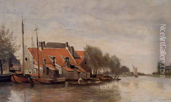 Near Rotterdam, Small Houses on the Banks of a Canal Oil Painting - Jean-Baptiste-Camille Corot