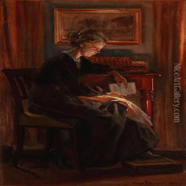 Interior With A Woman Reading Oil Painting - Viggo Christian Frederick Pedersen
