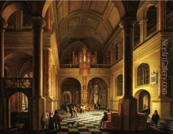 The Interior Of A Protestant Church At Night With Elegant Figures In The Foreground Oil Painting - Anthonie Delorme