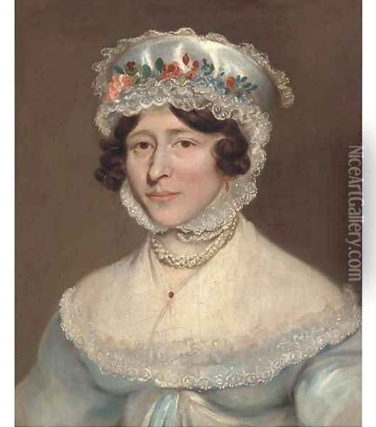 Portrait of a lady, bust-length, in a blue dress and a lace and silk bonnet with a floral border Oil Painting - English School