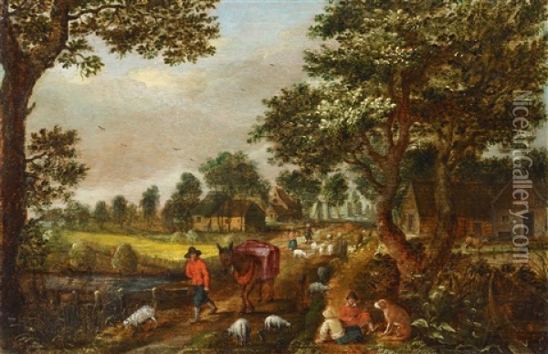 Village Scene With A Donkey Driver Oil Painting - Mattheus Molanus