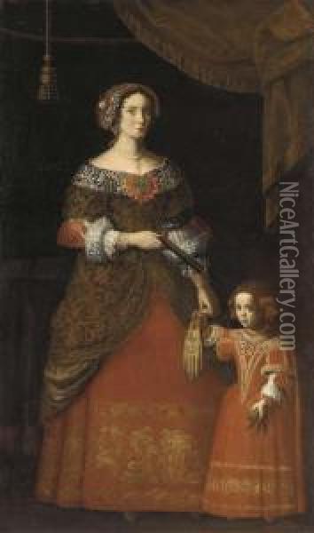 Double Portrait Of A Lady And 
Her Daughter, Both Full-length, In Red Embroidered Dresses, A Green 
Curtain Above Oil Painting - Pier Francesco Cittadini Il Milanese