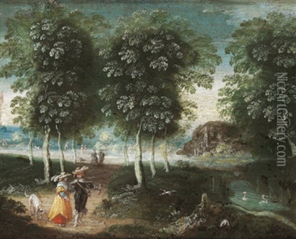 Waldlandschaft Mit Einem Eleganten Paar Oil Painting - Jasper van der Laanen