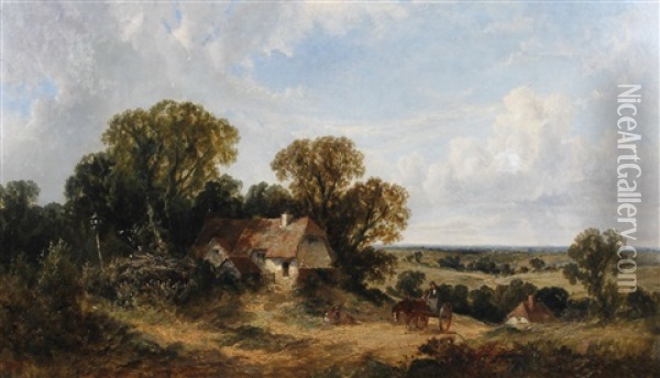 Landscape With Cottage And Cart On A Path Oil Painting - James E. Meadows