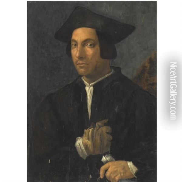 Portrait Of A Gentleman, Half-length, Wearing A Black Jacket And Hat, And One Glove, And Holding A Letter Oil Painting - Francesco di Cristofano