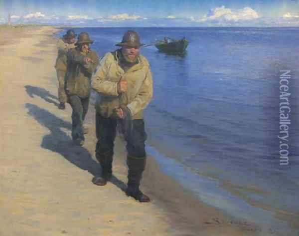 Three Fishermen Pulling a Boat Oil Painting - Peder Severin Kroyer