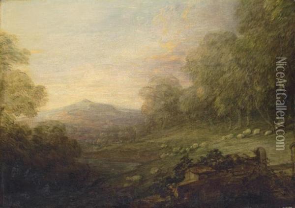 Wooded Landscape With A Shepherd And Sheep On A Slope By A River, A Mountain Beyond Oil Painting - Thomas Gainsborough