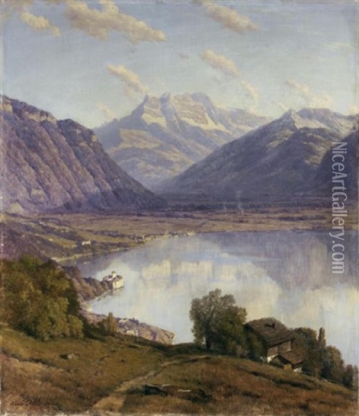 Vue De Glyon (view Of Glyon) Oil Painting - Alfred Chavannes