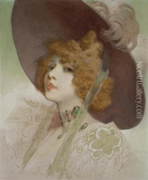 Portrait De Femme Au Collier D'emeraudes Oil Painting - Alfred Choubrac