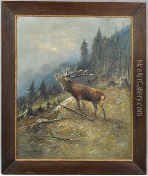 Brunfthirsch (waldstuck Mit Rohrendem Hirsch) Oil Painting - Moritz Mueller the Elder