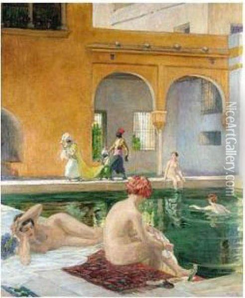 The Harem Pool Oil Painting - Henri Achille Zo